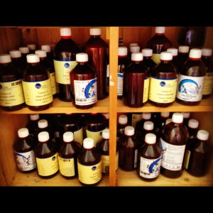 A selection of Herbal Tinctures in one of my cupboards at home.